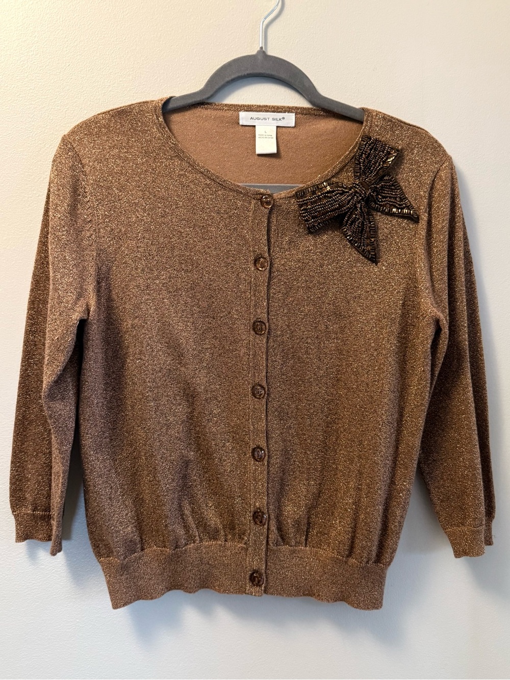 August Silk Metallic Bronze Button-Front Cardigan with Beaded Bow